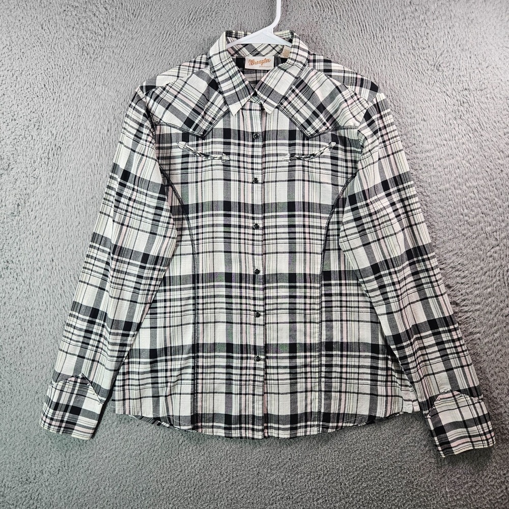 Wrangler Premium Western Cowgirl Shirt Women Medium Pearl Snap Black Whtie Plaid